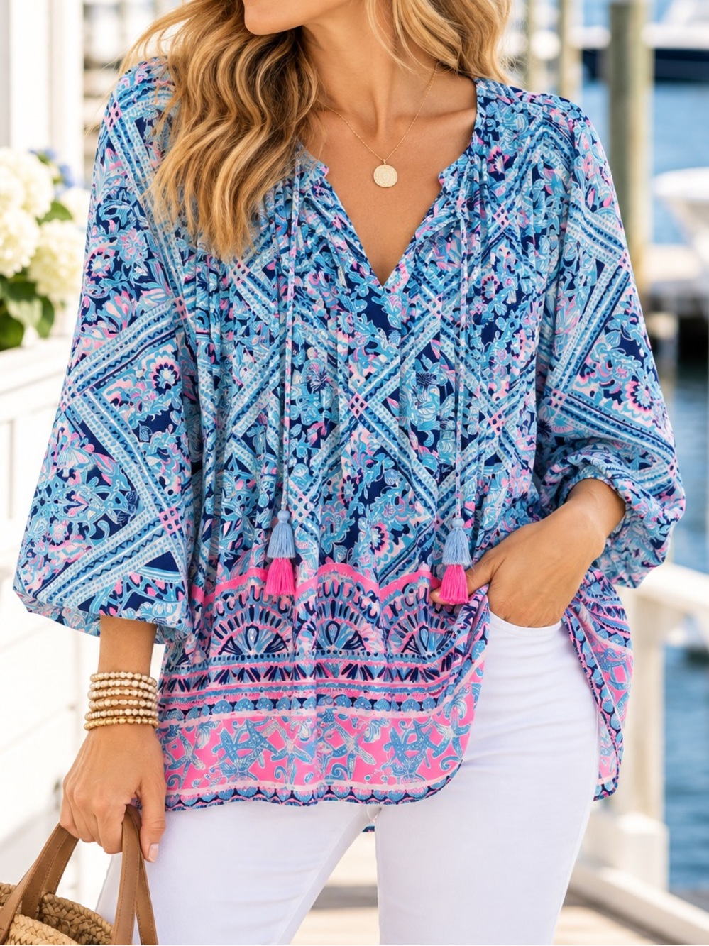 Lilly Pulitzer Tunic Top Women’s Large Blue Pink Floral Tassel Boho